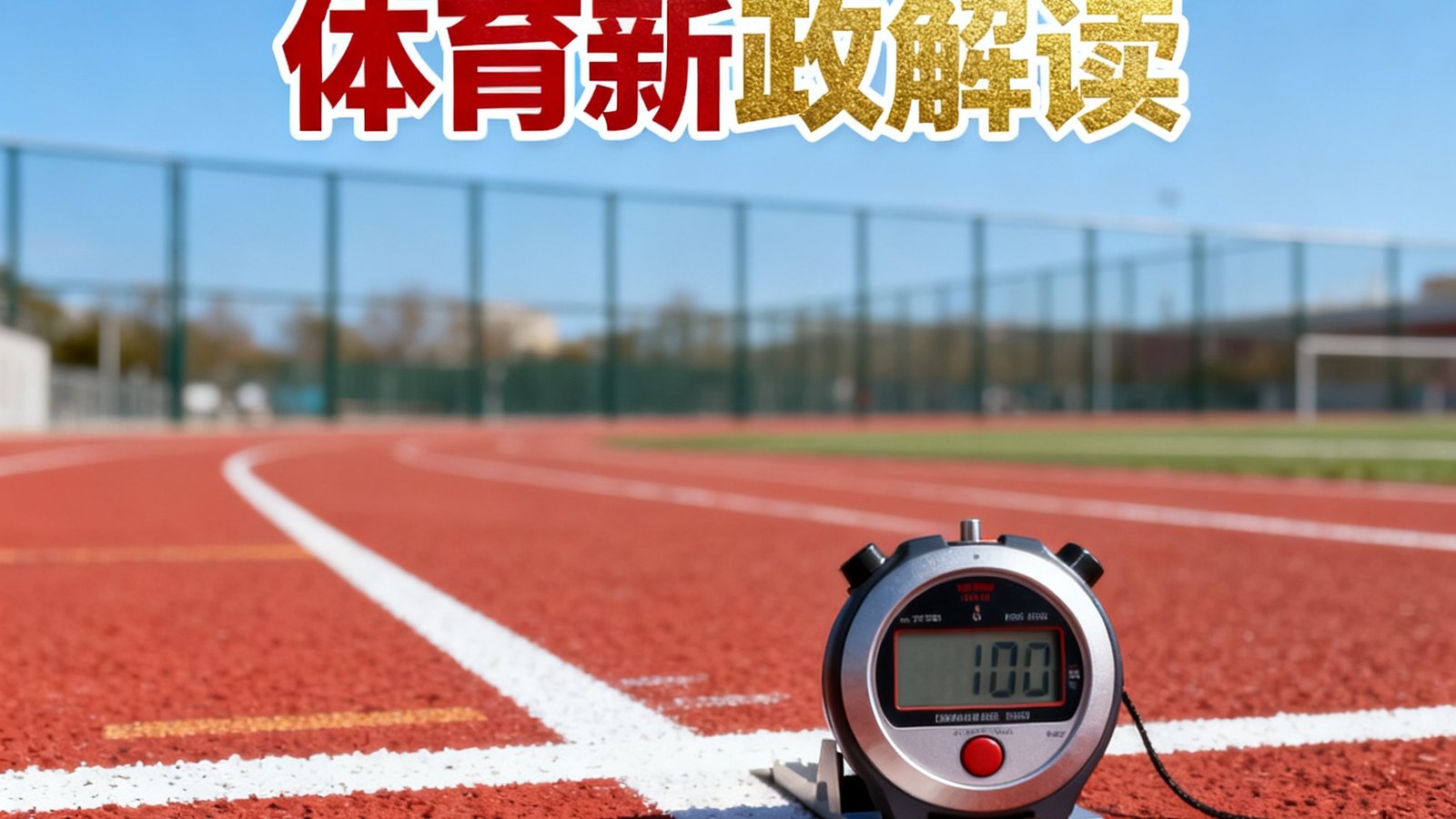 2025年北京市中考体育新政解读文章的封面图片，画面中央是红色塑胶跑道上的白色起跑线和一个电子计时器，背景虚化可见操场围栏和蓝天