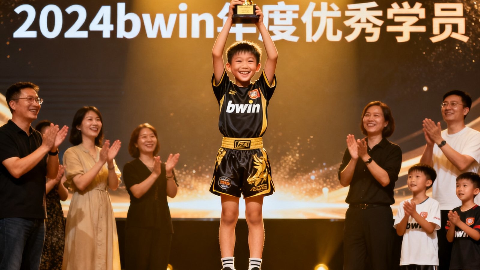 bwin2024年度学员颁奖典礼现场，一名身穿bwin队服的12岁男孩站在领奖台最高处高举金色奖杯，脸上洋溢灿烂笑容，台下家长和其他学员鼓掌欢呼，背景大屏幕显示2024bwin年度优秀学员字样