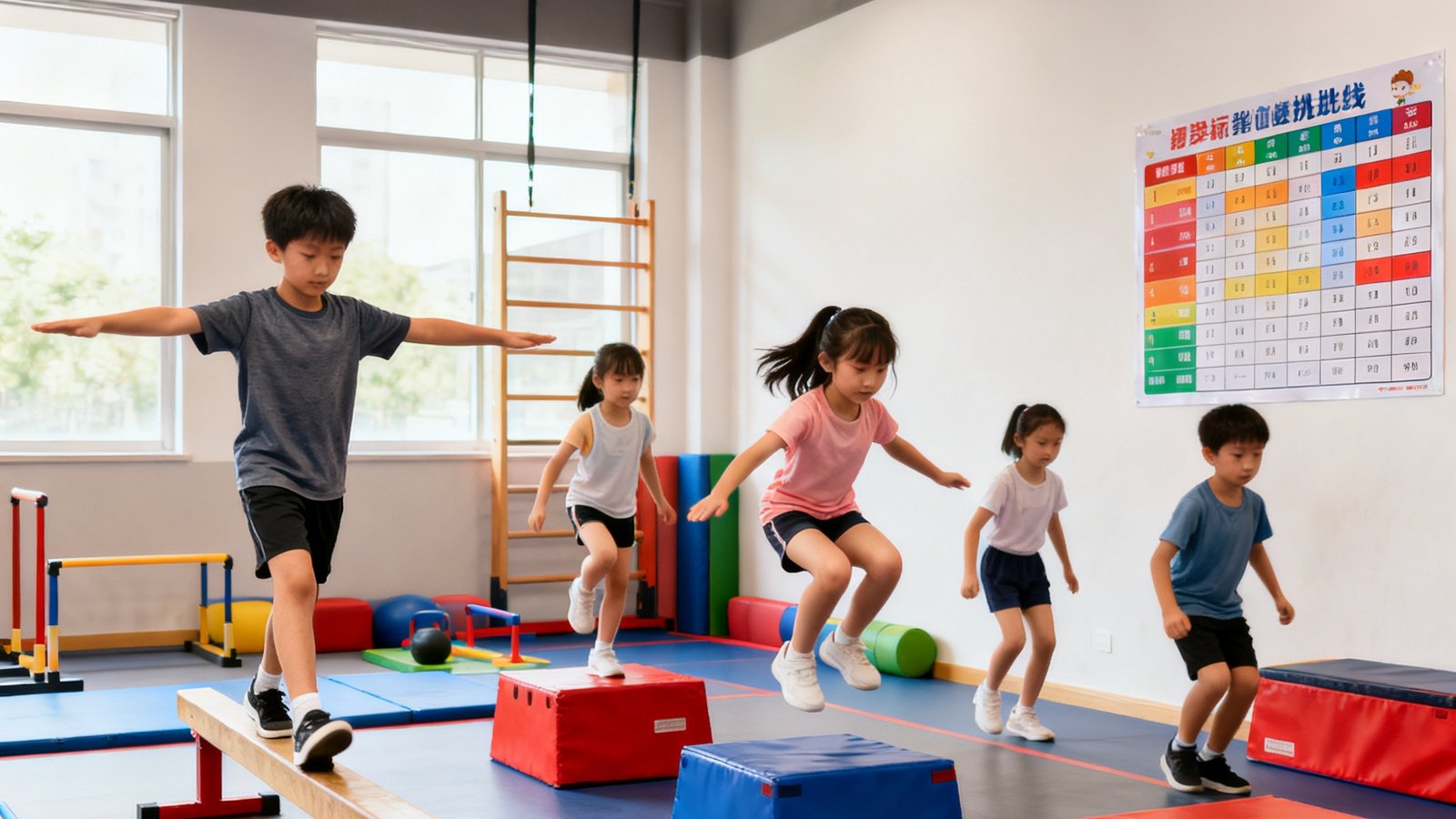 bwin体适能训练室内，五名孩子在不同器械区同时训练：左侧一名男孩在平衡木上行走双臂平举，中间两名女孩正在练习跳箱落地缓冲动作，右侧墙上贴着彩色体能挑战记录表